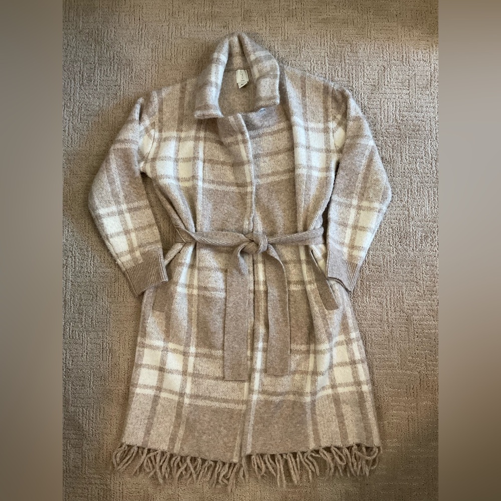 Joie Sweater Long Plaid Cream/Tan Fringe S Cabincore Minimalist Classic Timeless